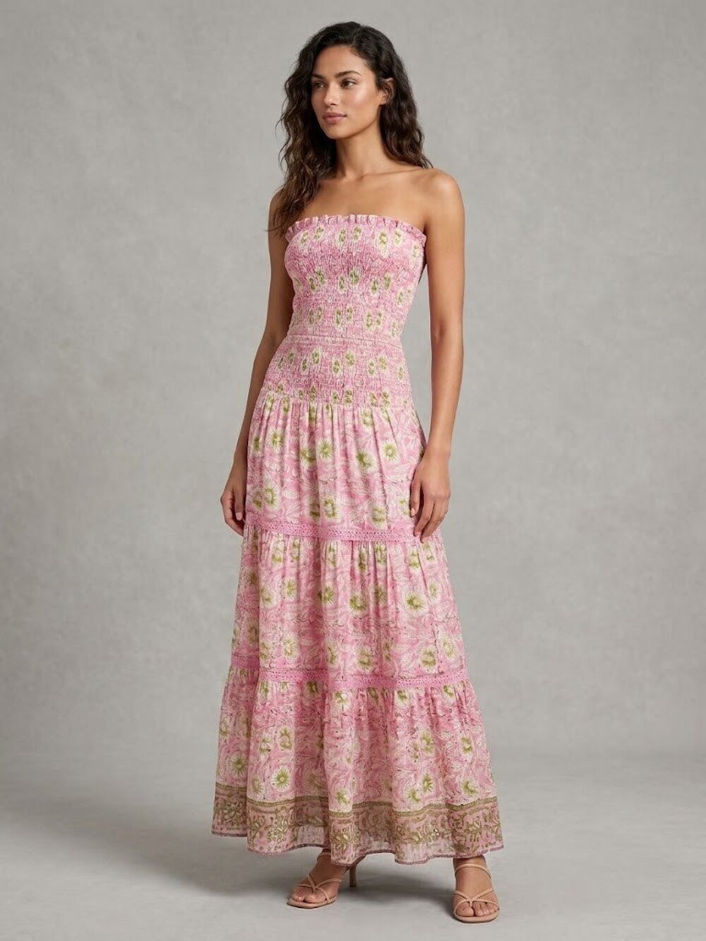 NWT Bell Alicia Bell Strapless Maxi in Pink Blockprint Silk-Cotton Dress S